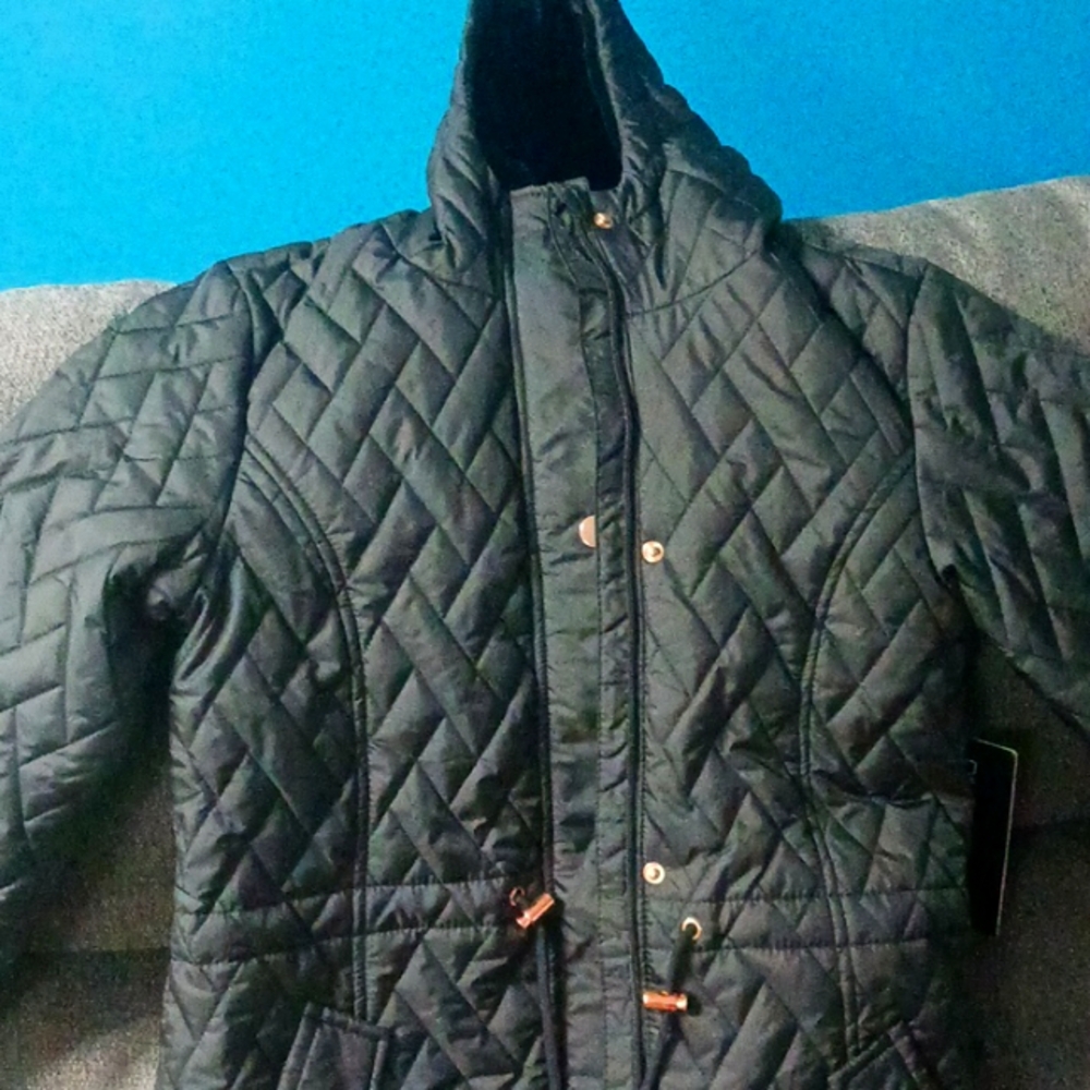 Black women's jacket with gold buttons and hood